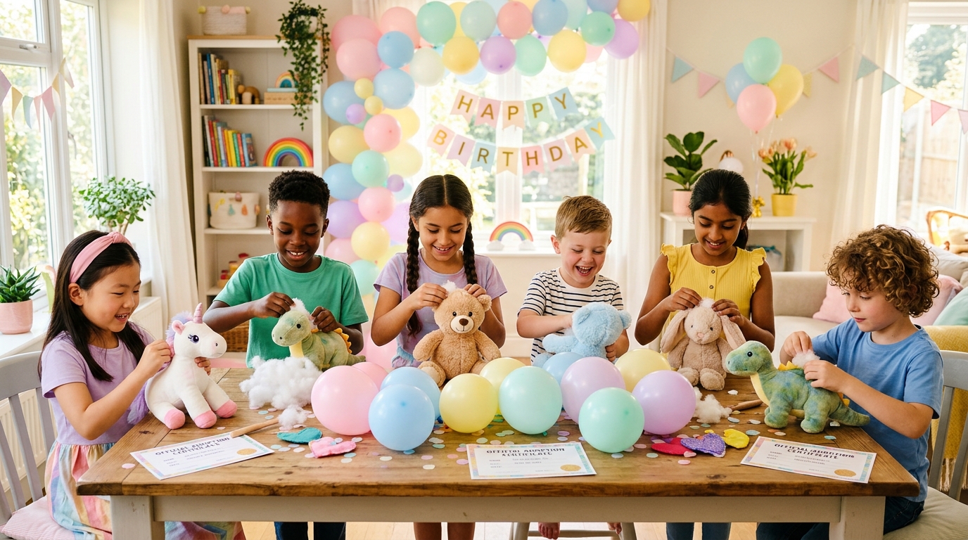 Happy children stuffing plush animals at a pastel birthday party table with balloons