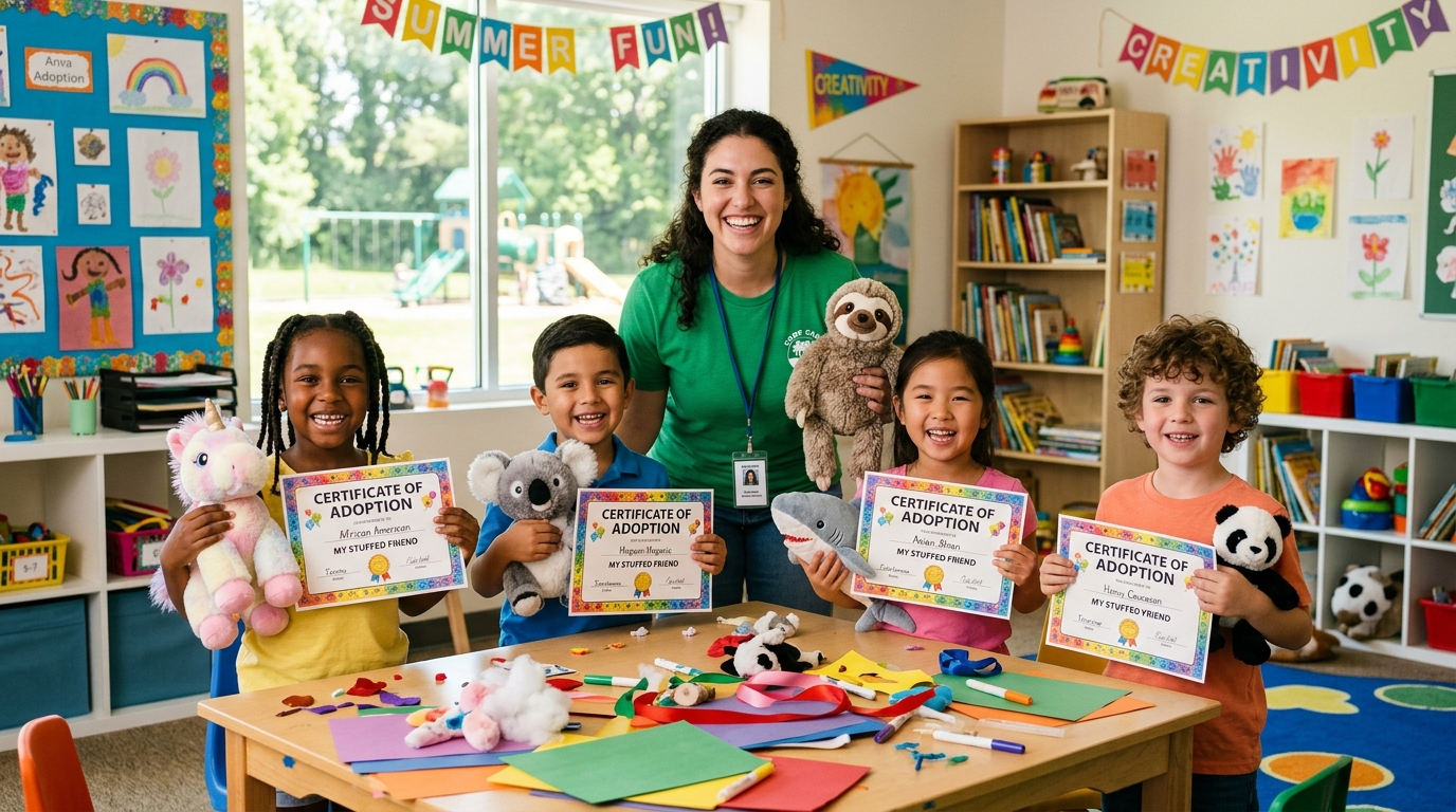 Educator and happy children holding up stuffed animal kits and adoption certificates in a sunny classroom