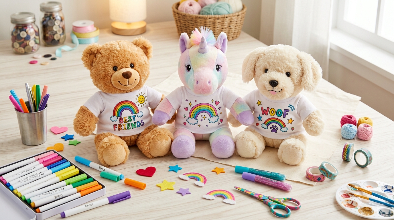 Three 16-inch plush stuffed animals wearing colourful custom decorated t-shirts