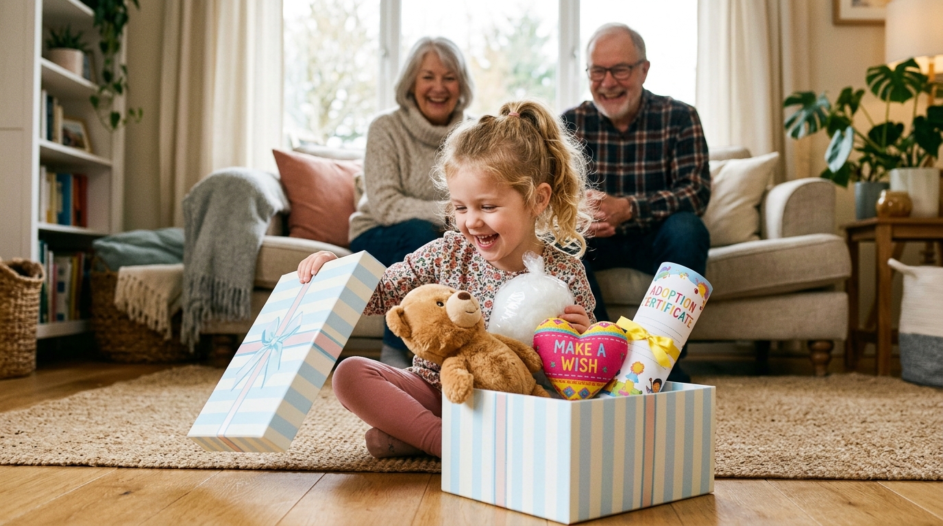 Excited child opening a gift box with a DIY stuffed animal kit while grandparents smile in the background