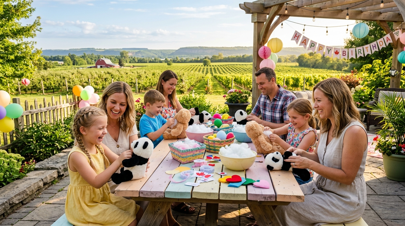 Family and children celebrating a birthday party in the Niagara Region Ontario with Build A Friend stuffed animal kits