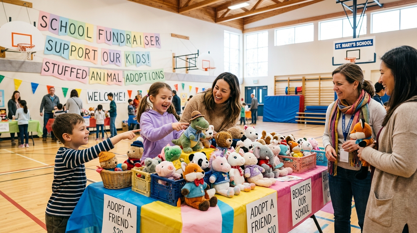 Canadian school gymnasium fundraising event with families adopting stuffed animal kits
