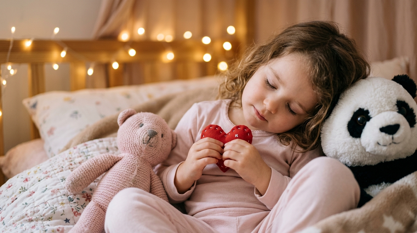 Young child peacefully holding a fabric wishing heart beside a plush panda on a cozy bed