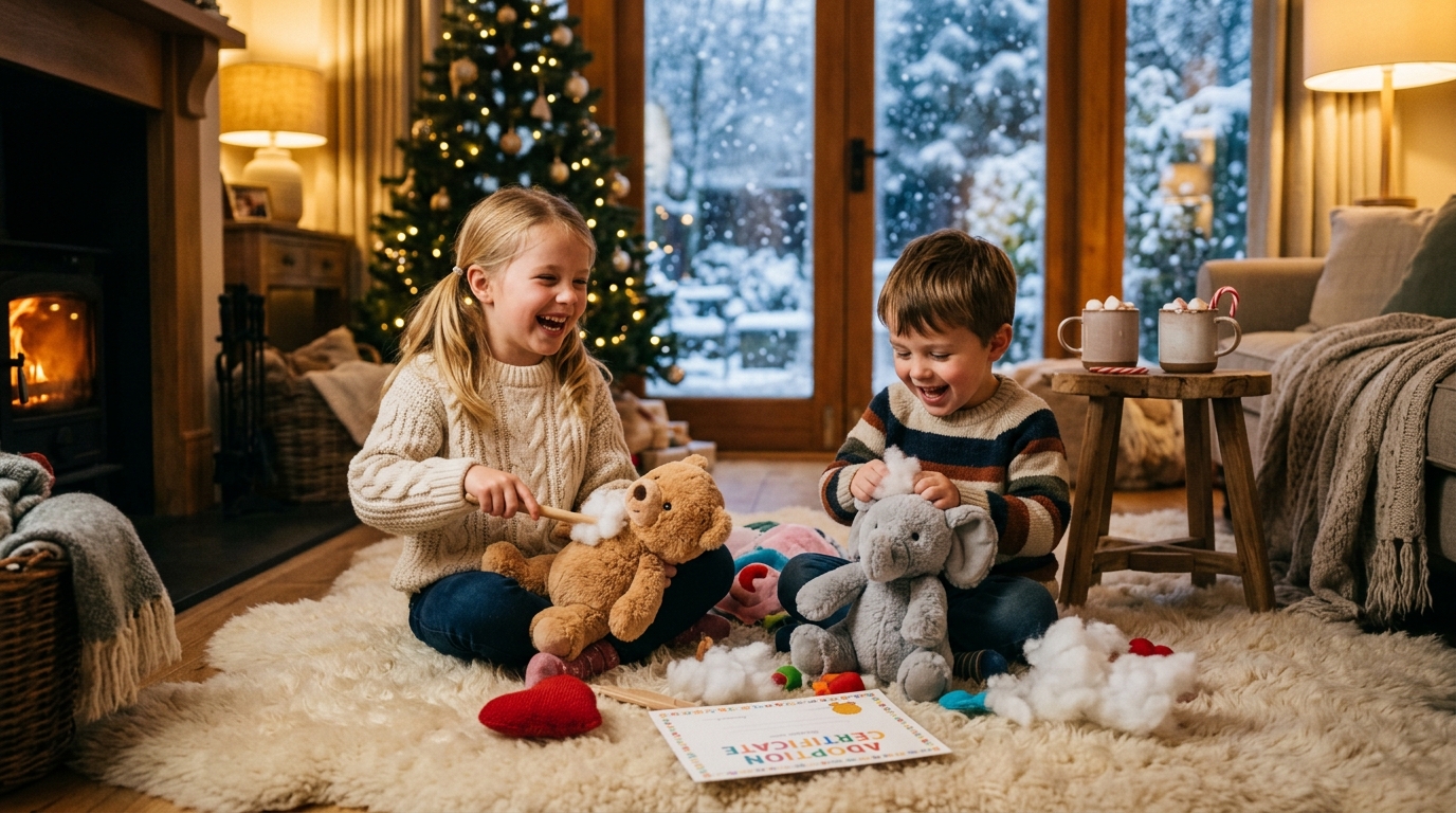 Two children stuffing plush animal kits on a cozy rug while snow falls outside the window